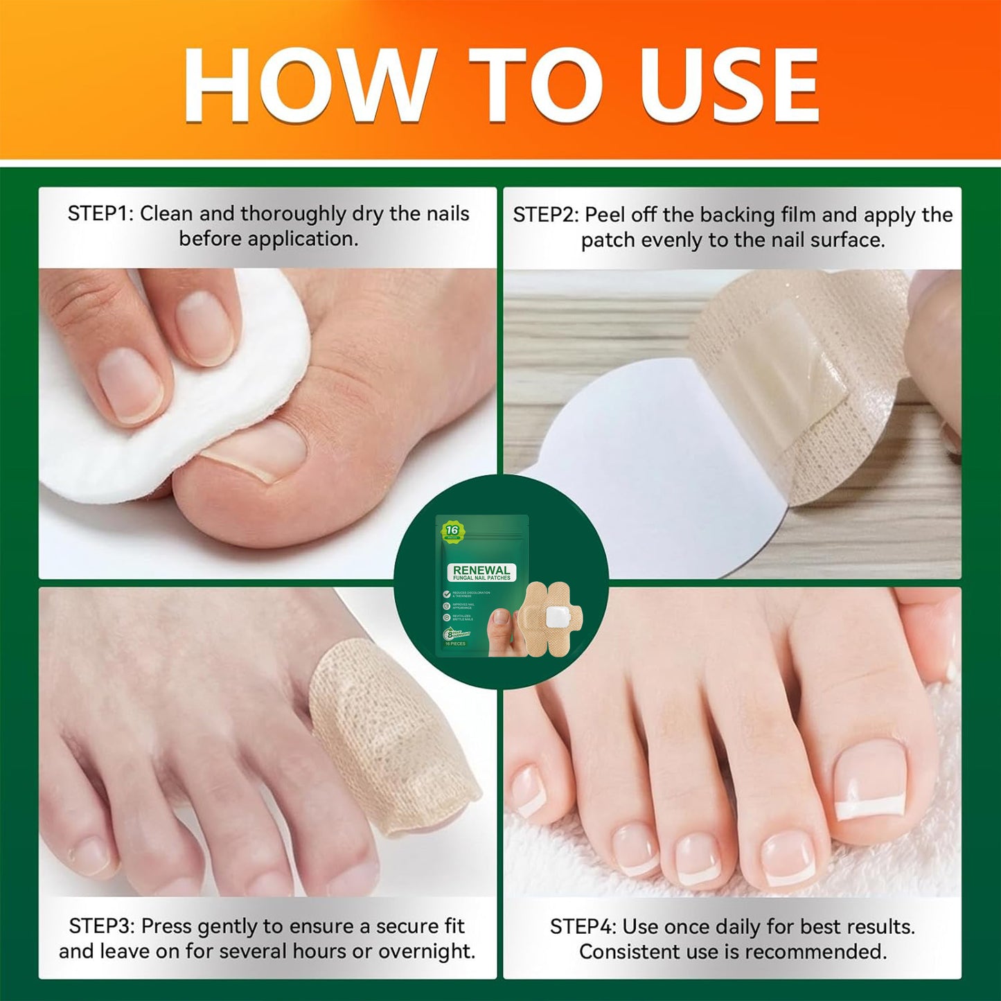 16 PCS Nail Patches for Toenail Repair Support for Damaged, Thick, or Yellow Toenails, Natural Formula