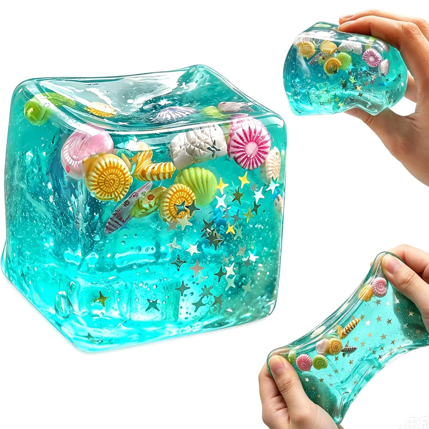 Ice Cube Squishy Stress Toy – Slow Rising Sensory Fidget Squeeze Toy with Seashells for Kids & Adults