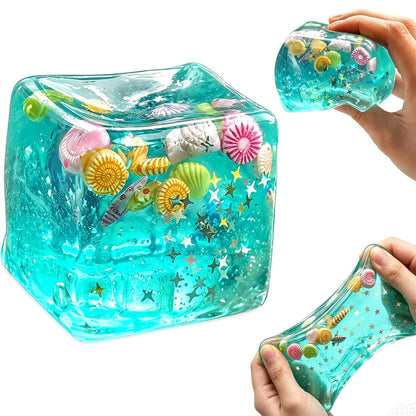 Ice Cube Squishy Stress Toy – Slow Rising Sensory Fidget Squeeze Toy with Seashells for Kids & Adults