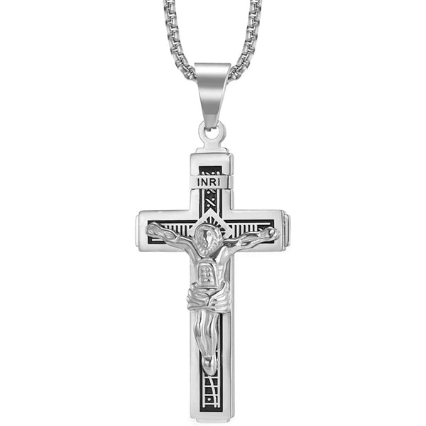 Catholic Jesus Cross Pendant Necklace With Herringbone Chain