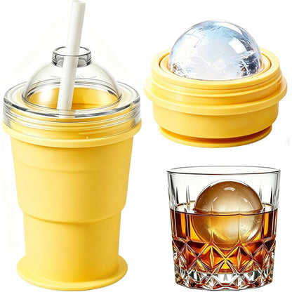 Collapsible Ice Ball Mold Cup with Straw – Large Silicone Ice Ball Maker, BPA-Free Tumbler for Summer Outings