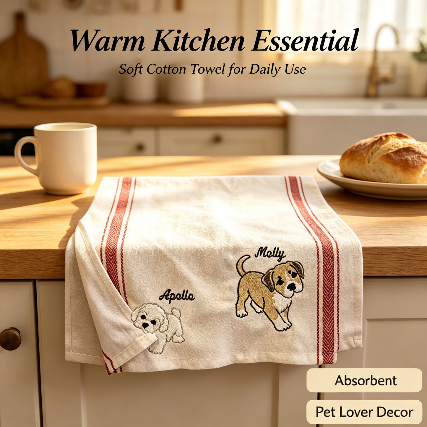 Dog Striped Cotton Towel, Custom Pet Gift for Dog Lovers