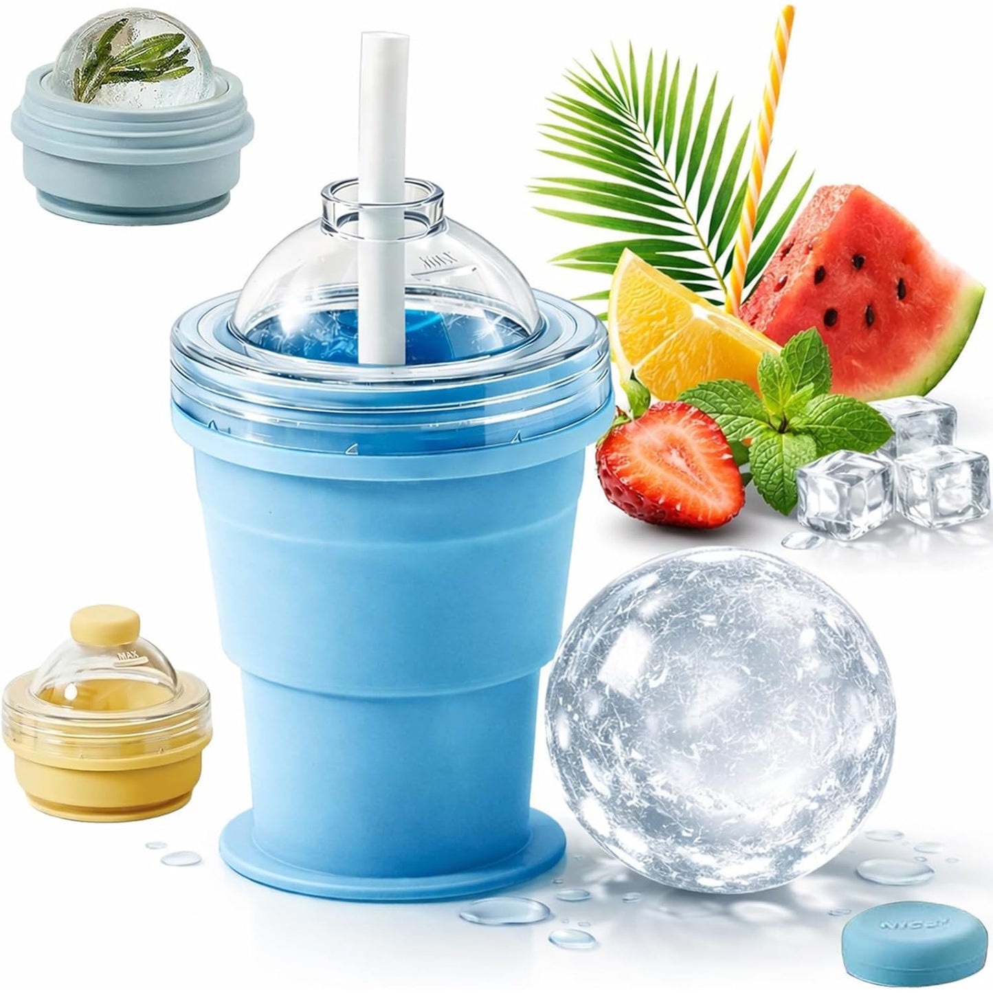 Collapsible Ice Ball Mold Cup with Straw – Large Silicone Ice Ball Maker, BPA-Free Tumbler for Summer Outings