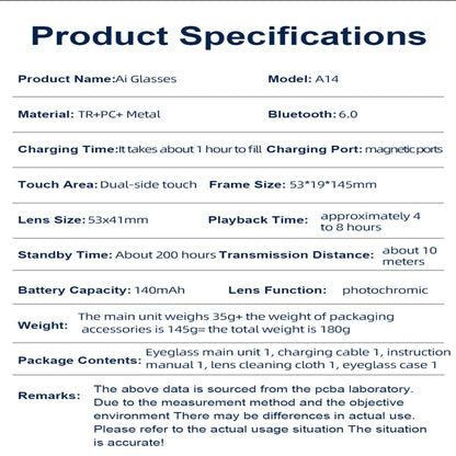 AI Translation Smart Glasses – Photochromic, Multifunctional, Bluetooth-Enabled