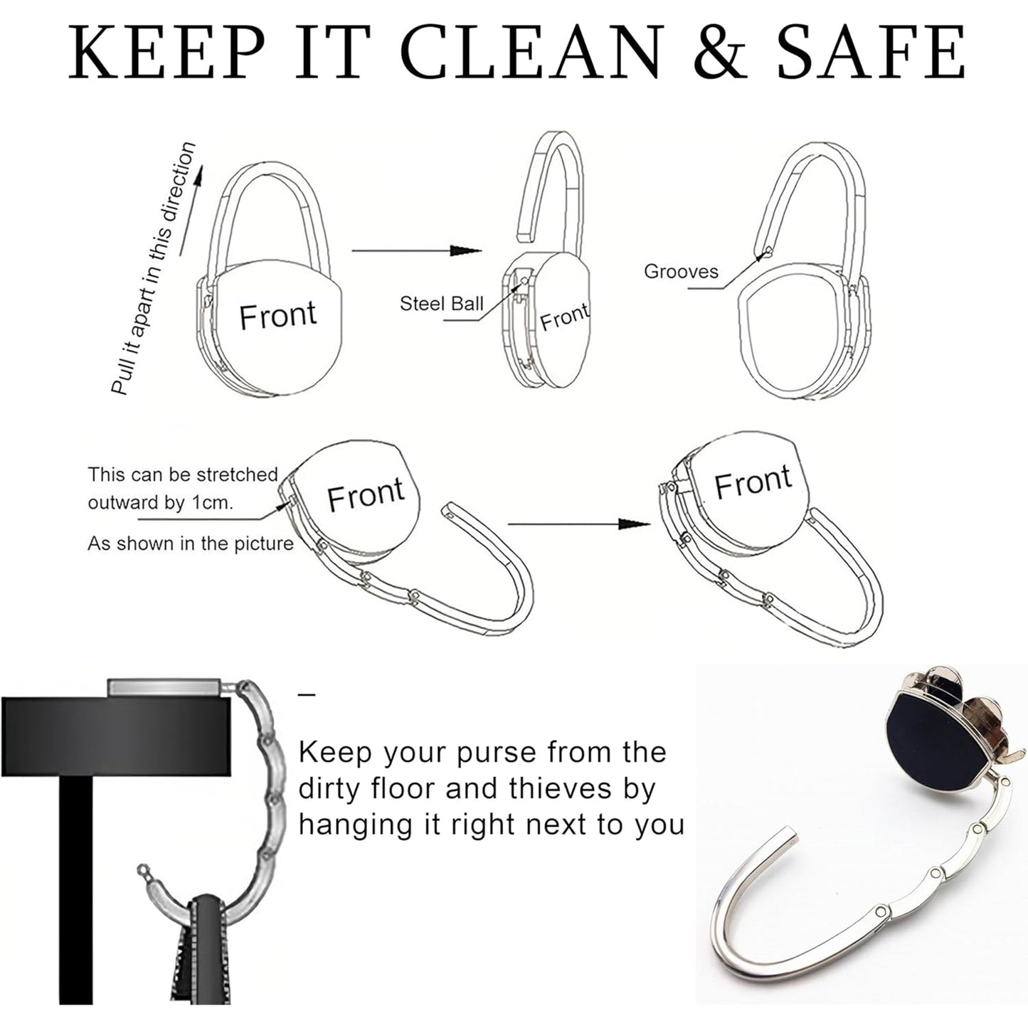 Foldable Purse Hook for Table – Clover Design Portable Handbag Holder for Desk, Table & Anywhere Hanging (White)