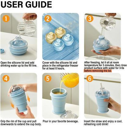 Collapsible Ice Ball Mold Cup with Straw – Large Silicone Ice Ball Maker, BPA-Free Tumbler for Summer Outings
