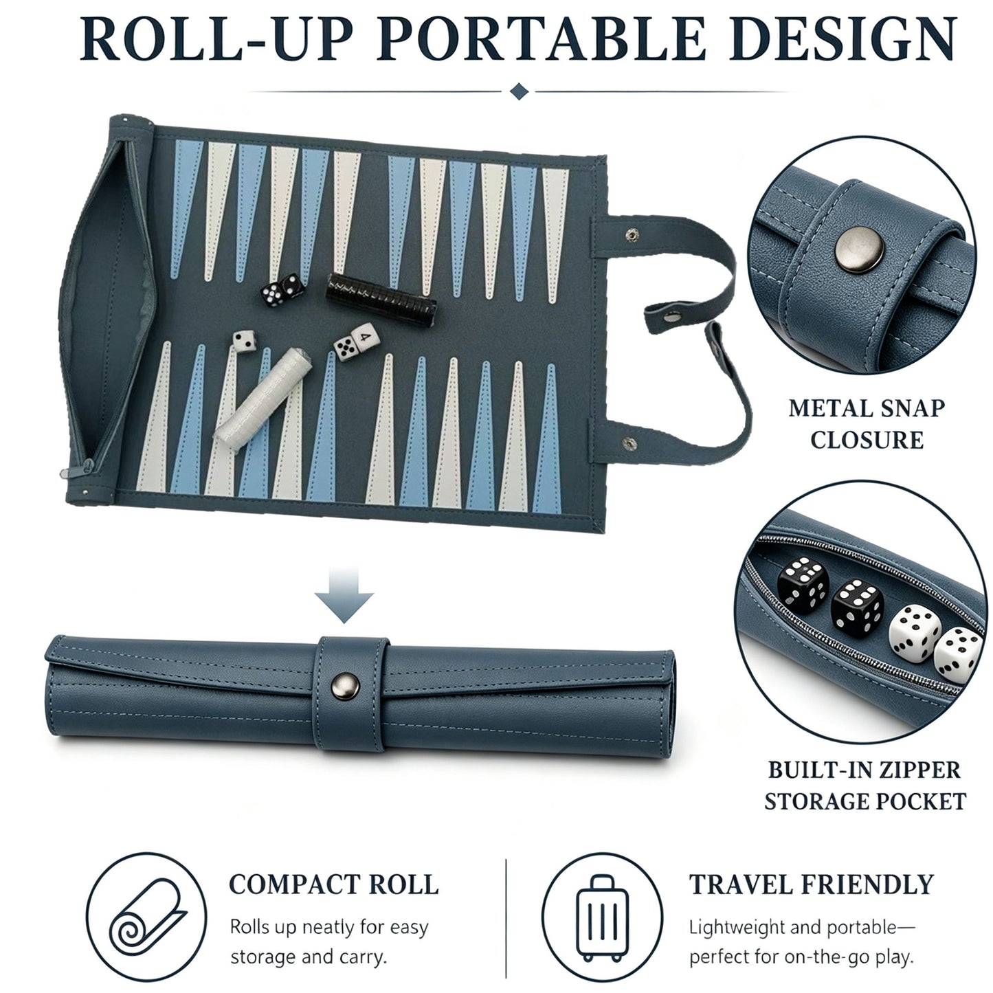 Travel Backgammon Set, Roll-Up Leather Board Game