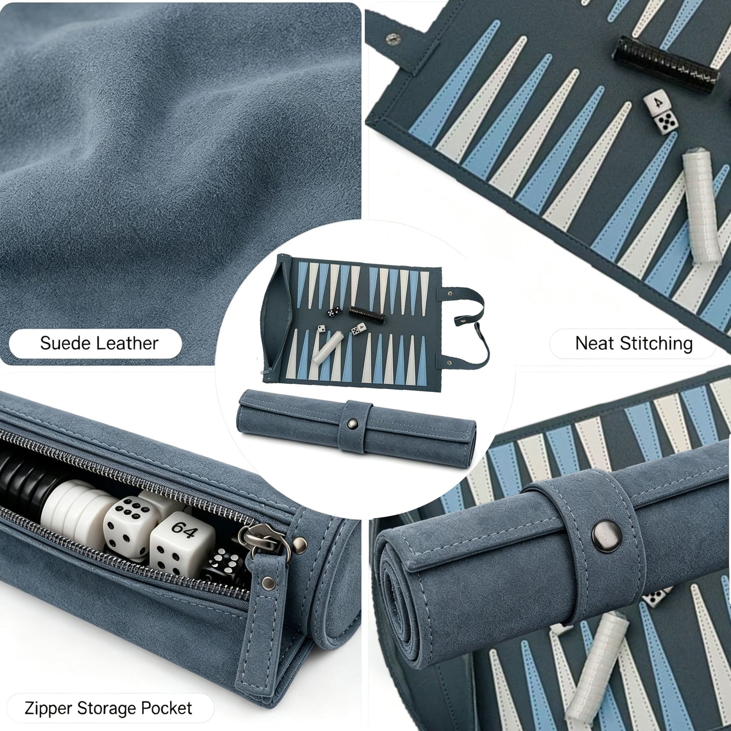 Travel Backgammon Set, Roll-Up Leather Board Game