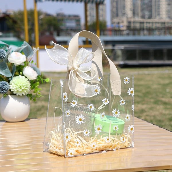 Clear Gift Bag with Handle and Small Daisy Print – Sturdy, Durable, and Waterproof Party Gift Bag