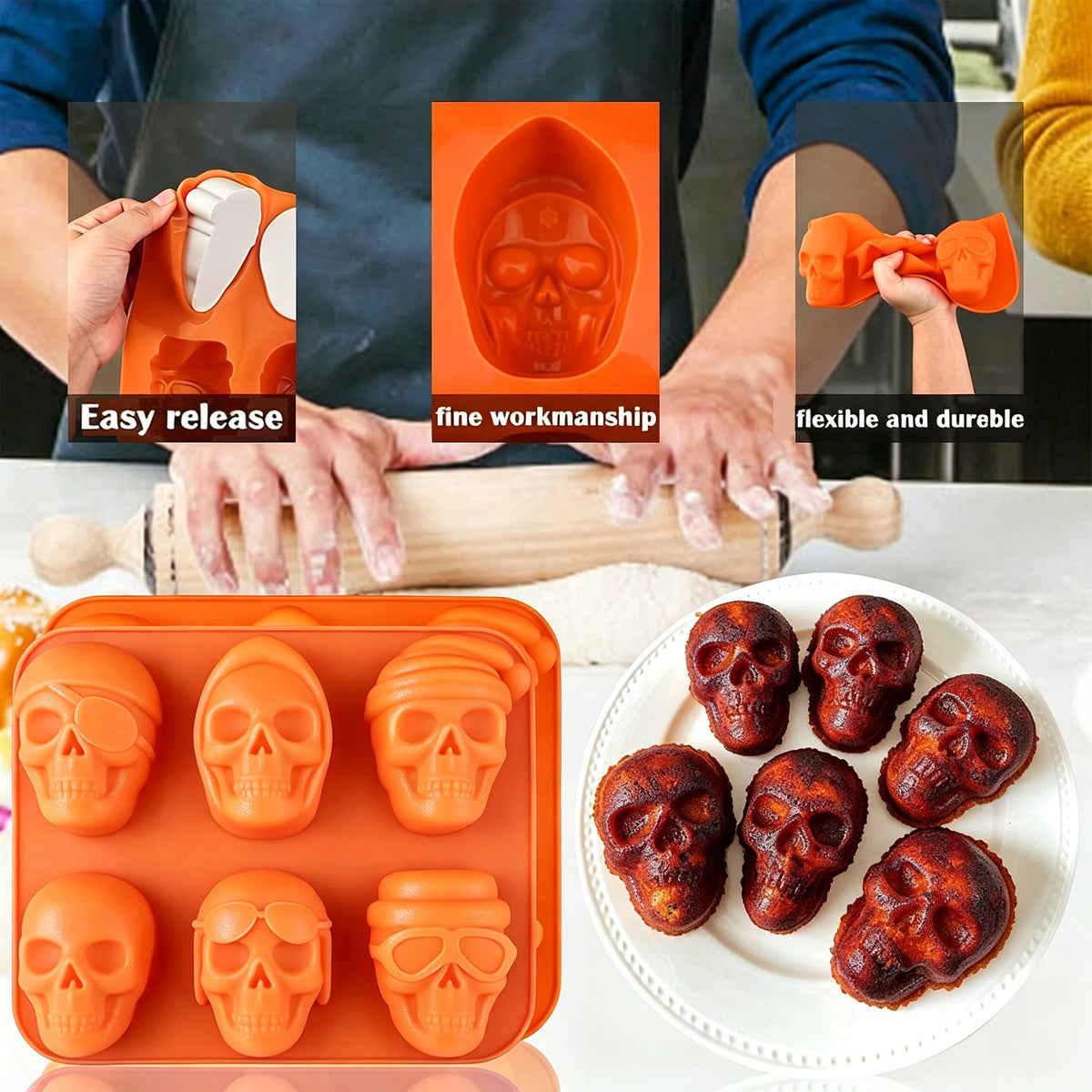 Skull-Shaped Baking Mold - 6/10 Cavity Halloween Baking Mold