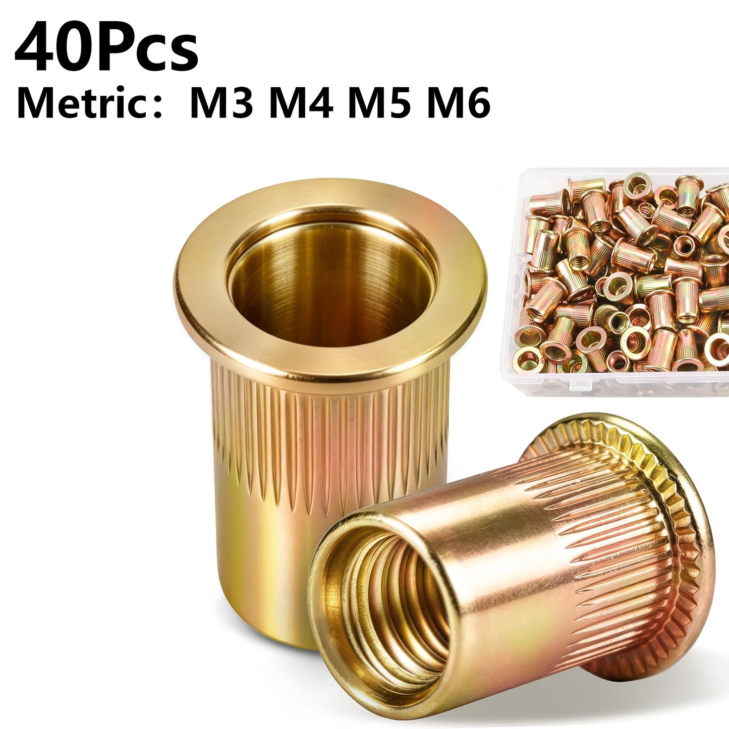 40Pcs Rivet Nut Yellow Zinc Plated Finish Flat Head Rivnut Threaded Insert Nutsert Rivet Nut, Knurled Body