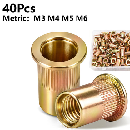 40Pcs Rivet Nut Yellow Zinc Plated Finish Flat Head Rivnut Threaded Insert Nutsert Rivet Nut, Knurled Body