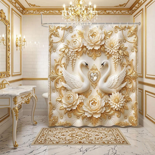 3D Gold Swan Shower Curtain with 12 Hooks