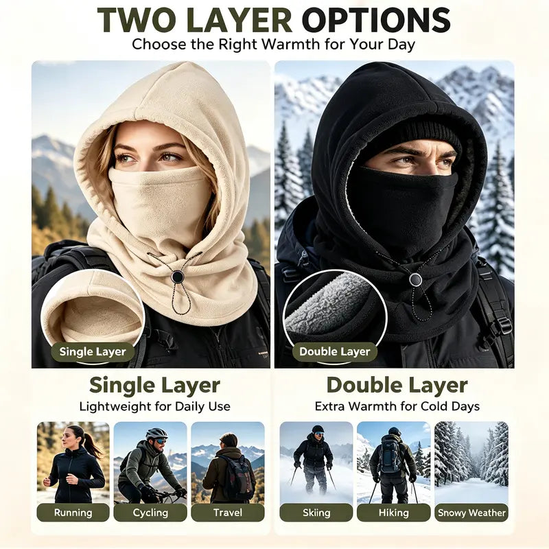 Cold Weather Fleece Balaclava Hat - Thick Fleece, Windproof Full Face Cover