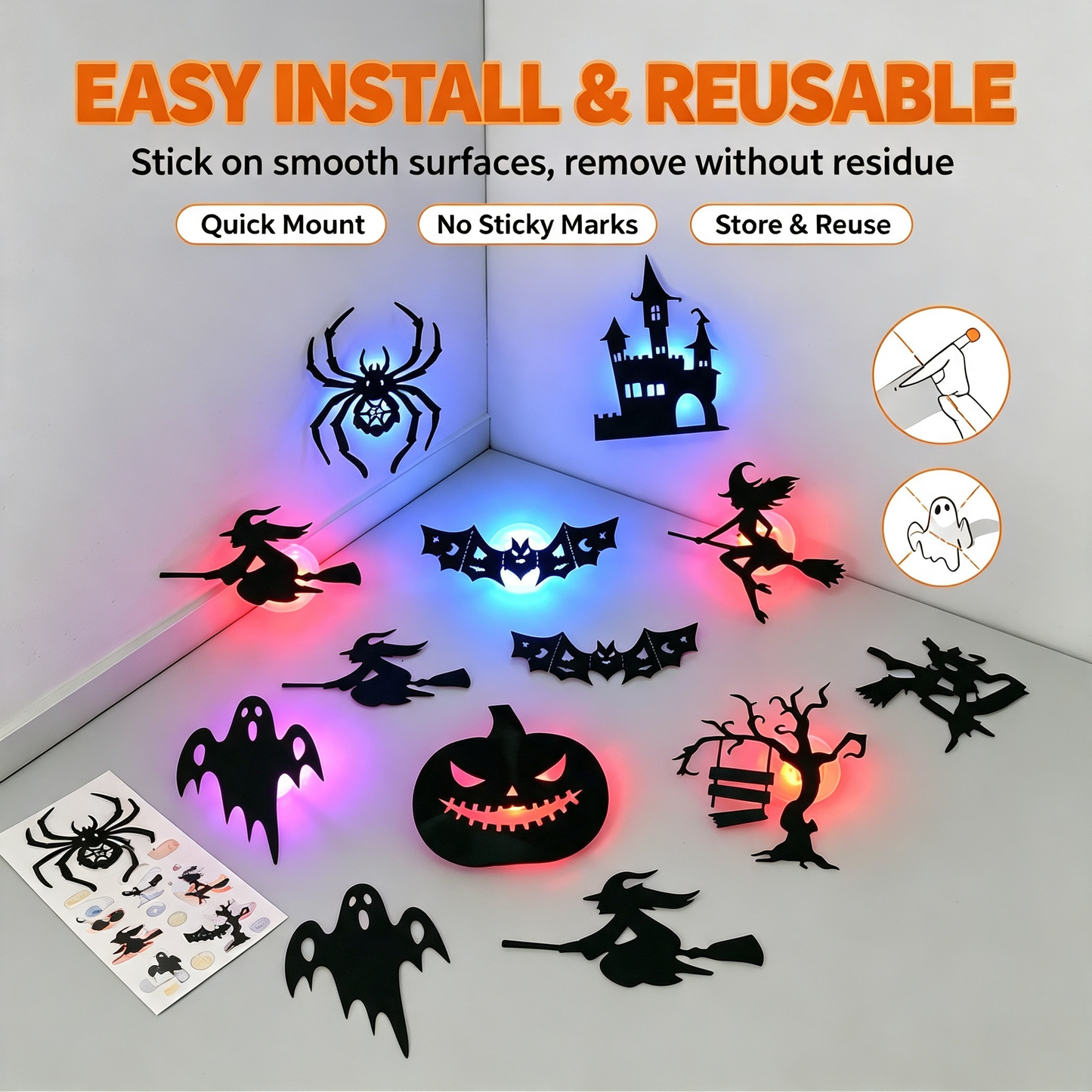 8 Pcs Halloween 3D Wall Stickers Night Light Wall Decals