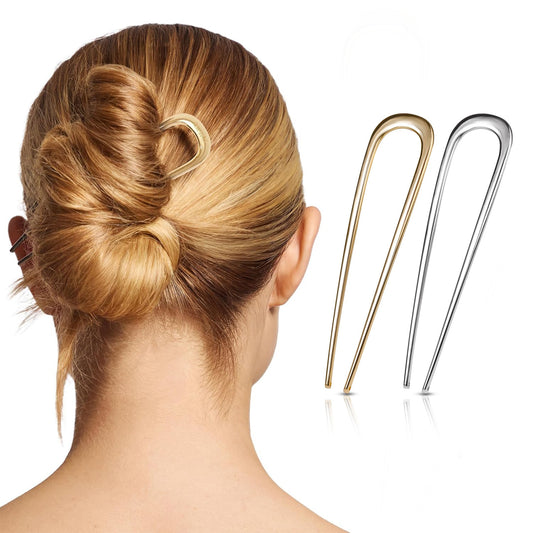 2PCS Metal French Hair Pins – U-Shaped Hair Forks for Bun & French Twist Hairstyles (Gold & Silver)