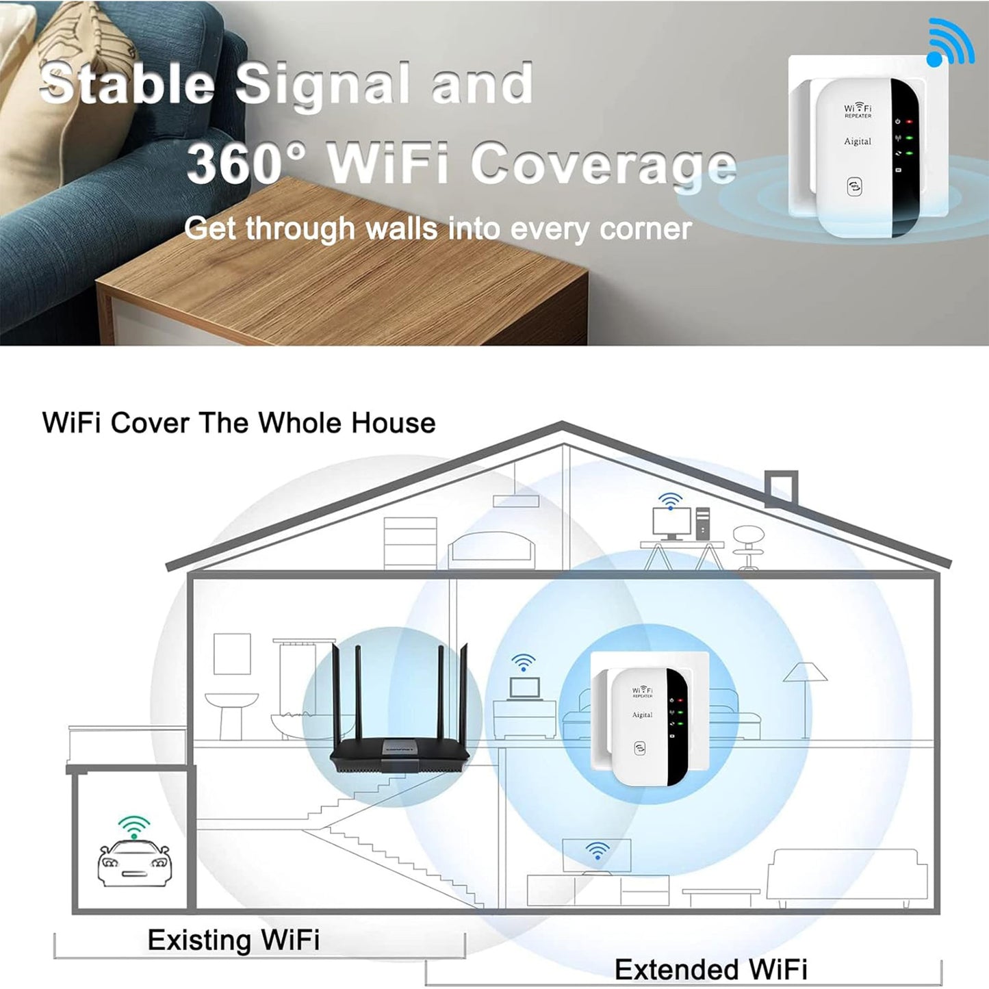 WiFi Extender Signal Booster – 300Mbps Wireless Range Repeater, Covers Up to 1200 Sq.ft & 30 Devices (2.4GHz)