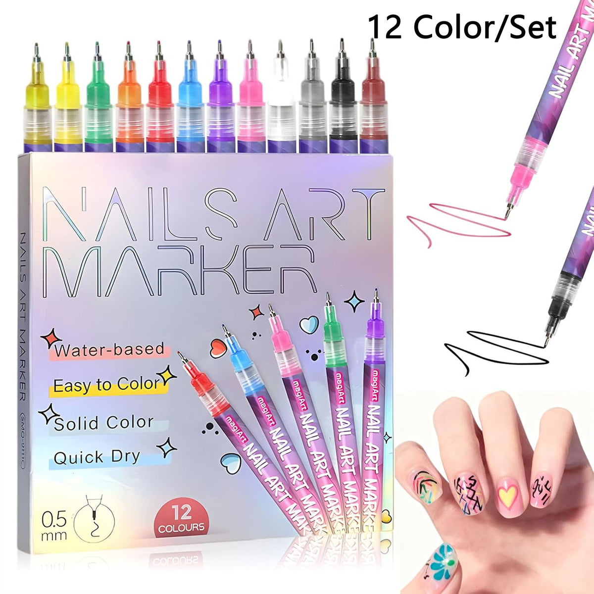 12-Color Nail Art Pen Set - 3D Quick-Drying 0.5mm Nail Polish Pens