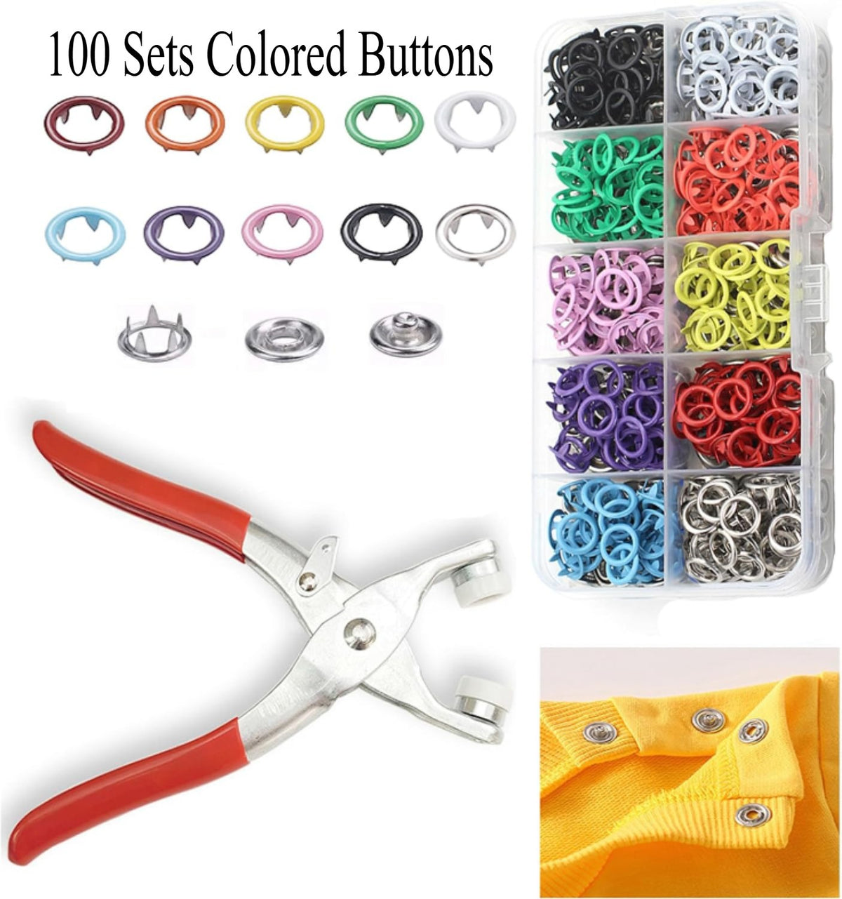 100 Sets Metal Snap Buttons with Pliers,  Multicolor Mixing Hollow Sewing Snap Fasteners
