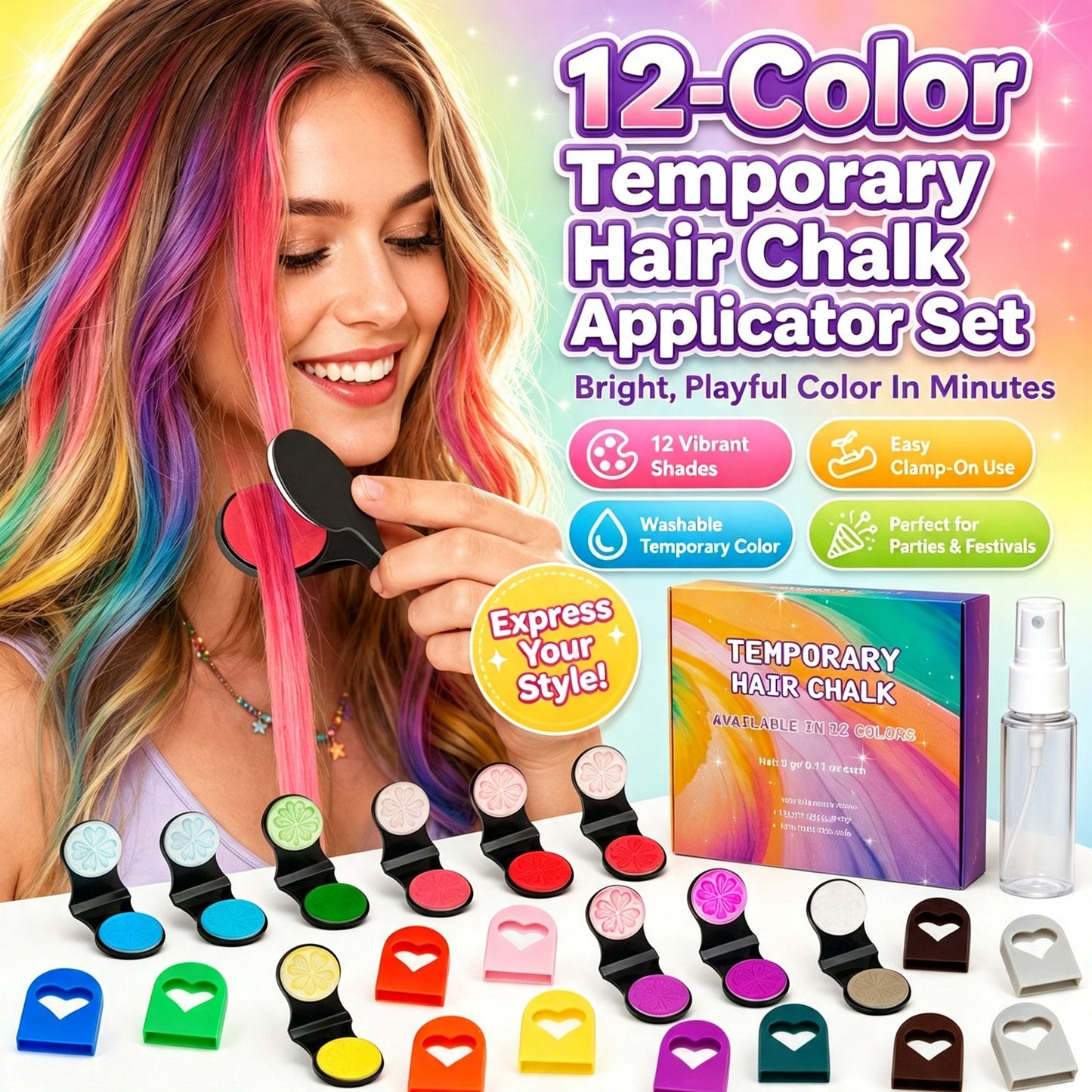 12-Color Washable Hair Chalk Styling Applicator