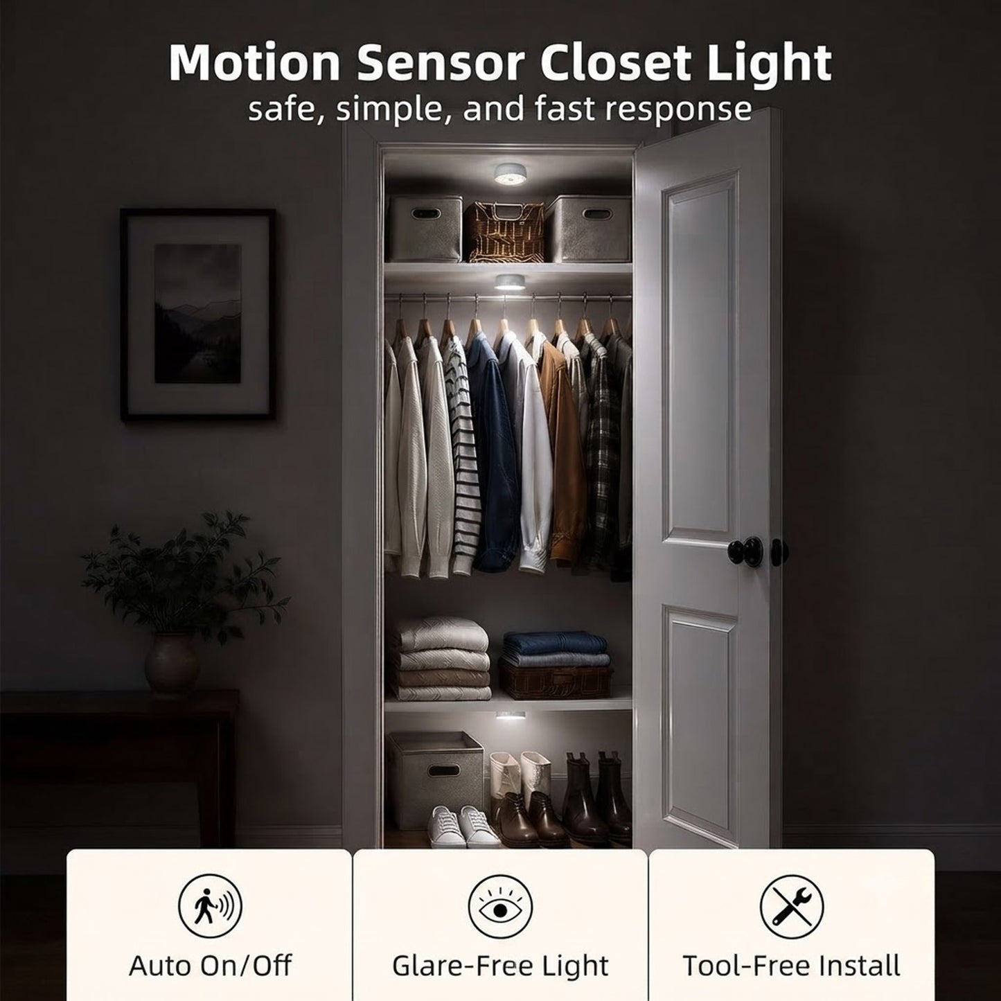 3 Pcs LED Light 3 Lighting Options with Rechargeable Wireless Motion Sensor