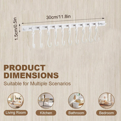 Multifunctional Slide Rail Hook with 10 Hooks for Bathroom Kitchen Bedroom