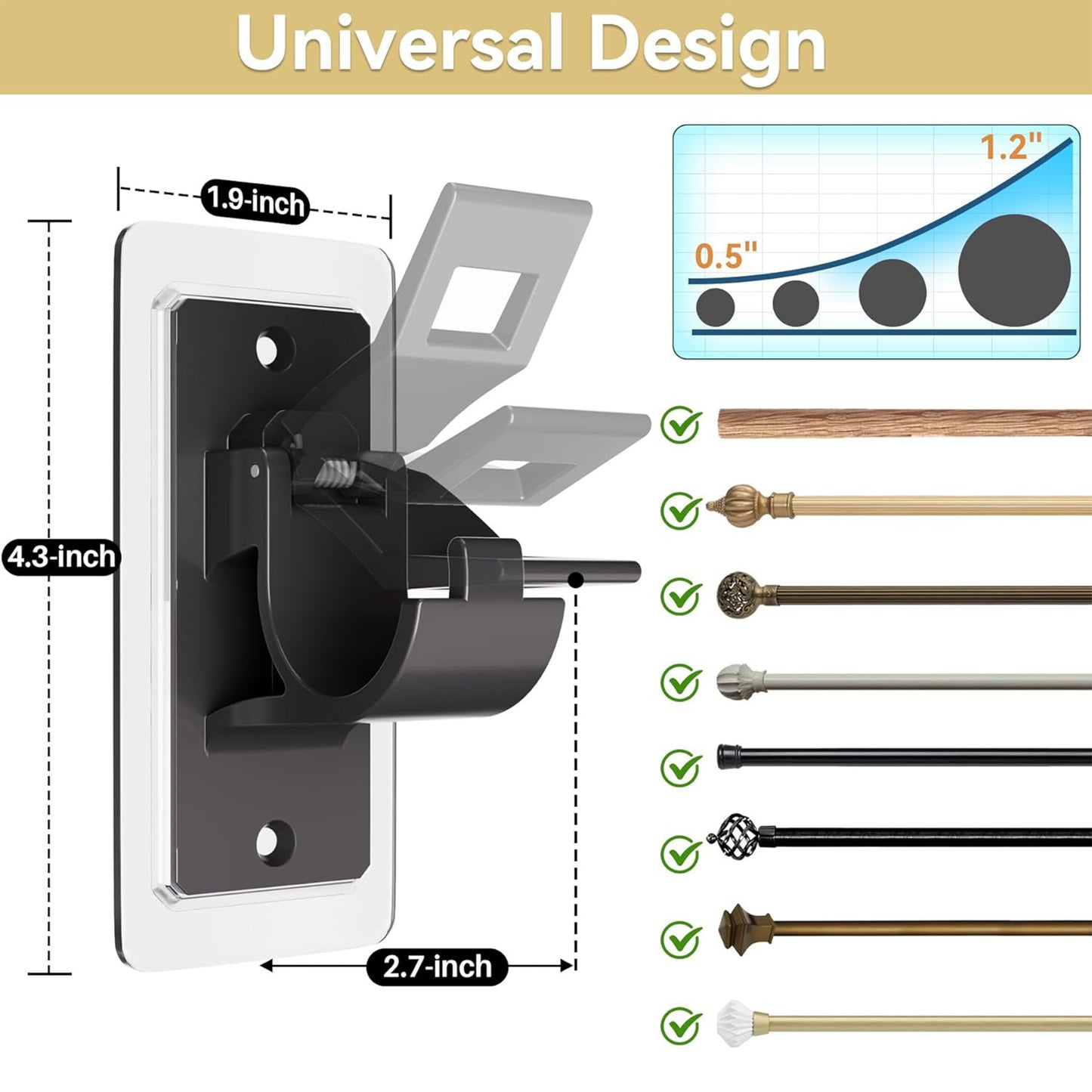2 Pack No-Drill Curtain Rod Brackets – Strong Adhesive Holders for Easy Curtain Installation