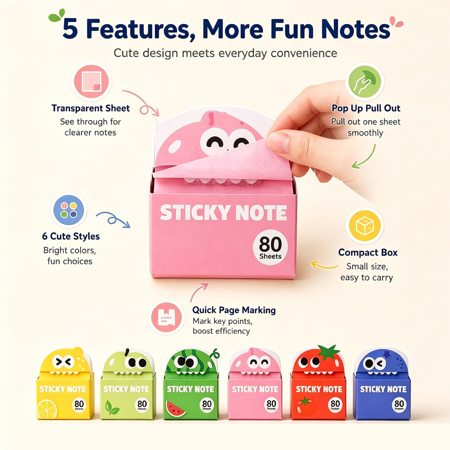5Style Sticky Note Pads 80 Sheets Cute Pull-Out Adhesive Memo Notes