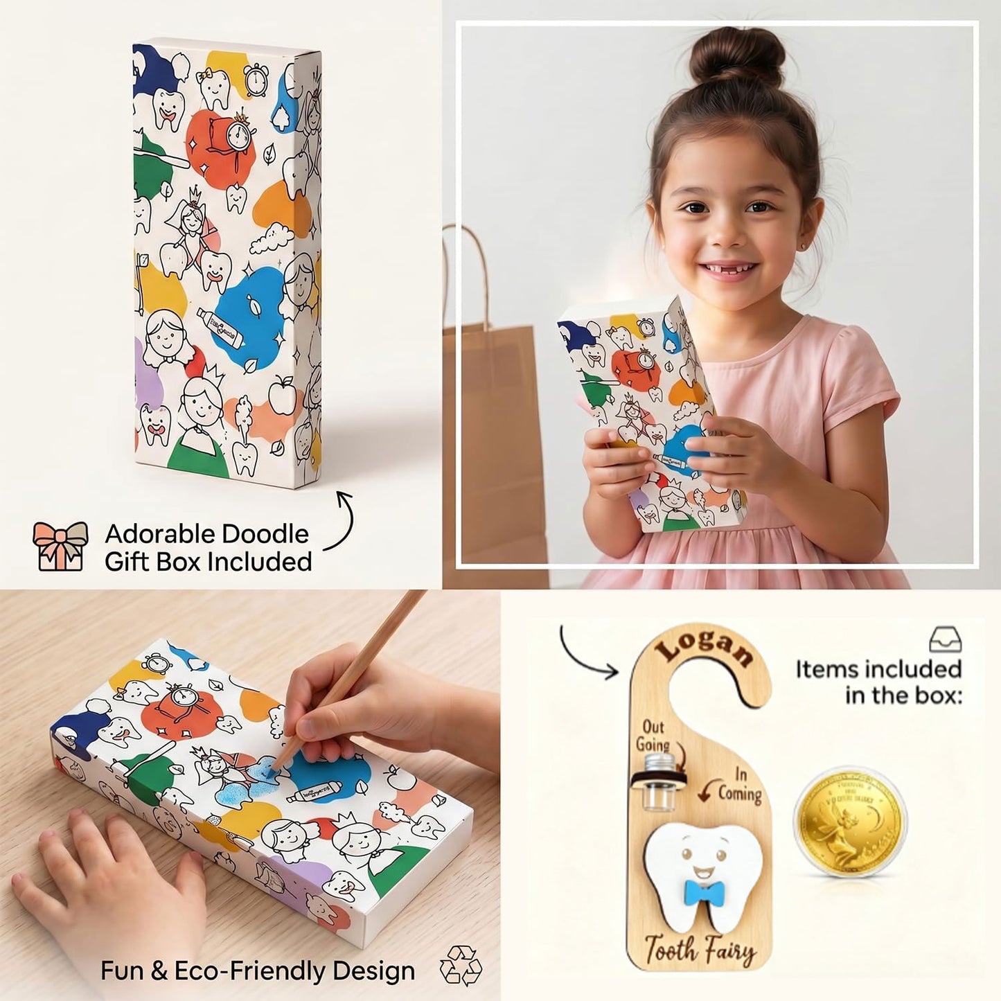 Cute Wooden "Tooth Fairy" Door Hanger - With Coin Storage Slot