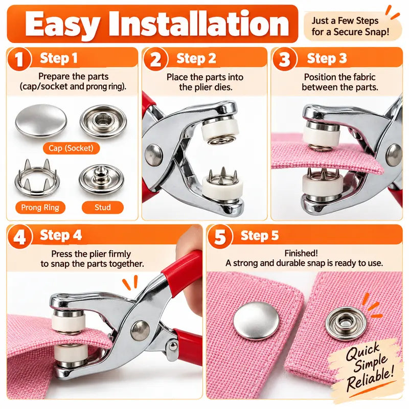 100 Sets Metal Snap Buttons with Pliers,  Multicolor Mixing Hollow Sewing Snap Fasteners