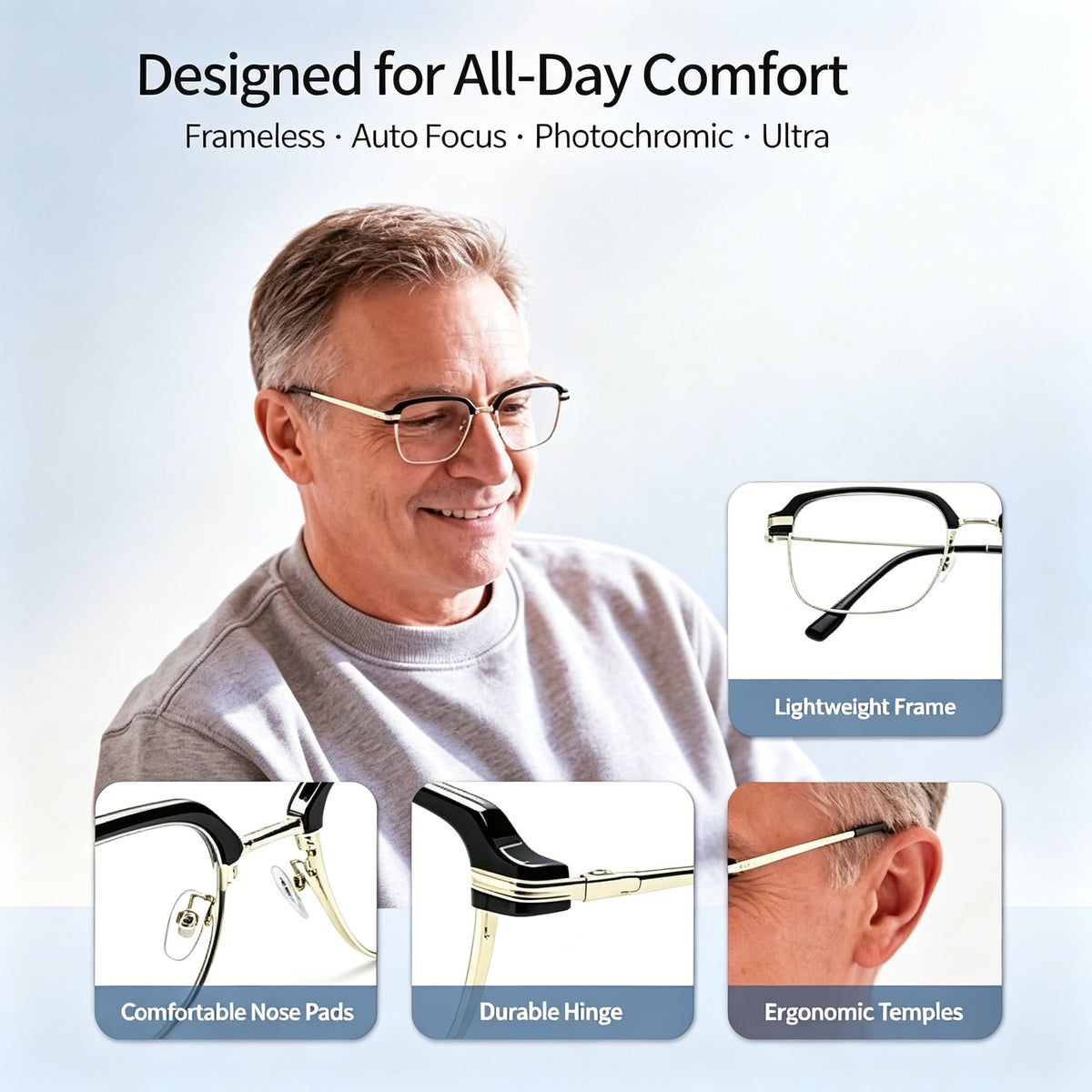 Photochromic Smart Zoom Reading Glasses Anti-Blue with UV Protection