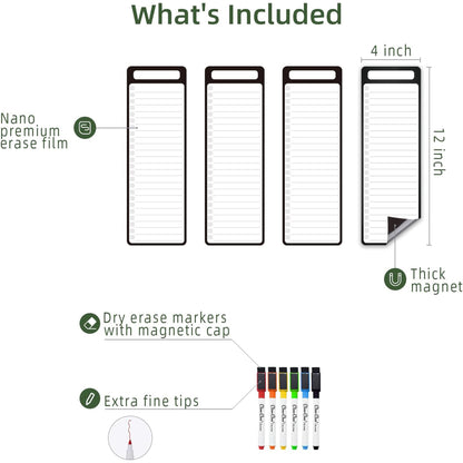 Magnetic Dry Erase List Board - 4"x12" Multifunctional List Board for Fridge - 6 Extra Fine Point Markers Included - Shipped Flat