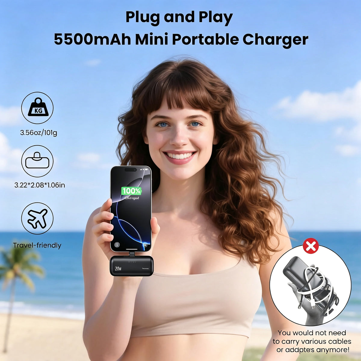 Mini Portable Charger USB-C Power Bank - Includes 5000mAh PD Fast Charging Battery