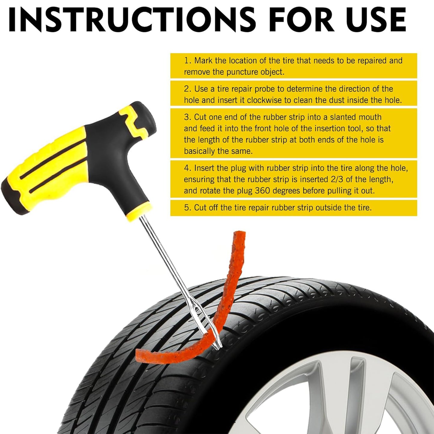 Heavy-Duty Tire Repair Kit – Flat Tire Plug Tool with 2 T-Handles & 10 Rubber Strings for Cars, Motorcycles, ATV & UTV