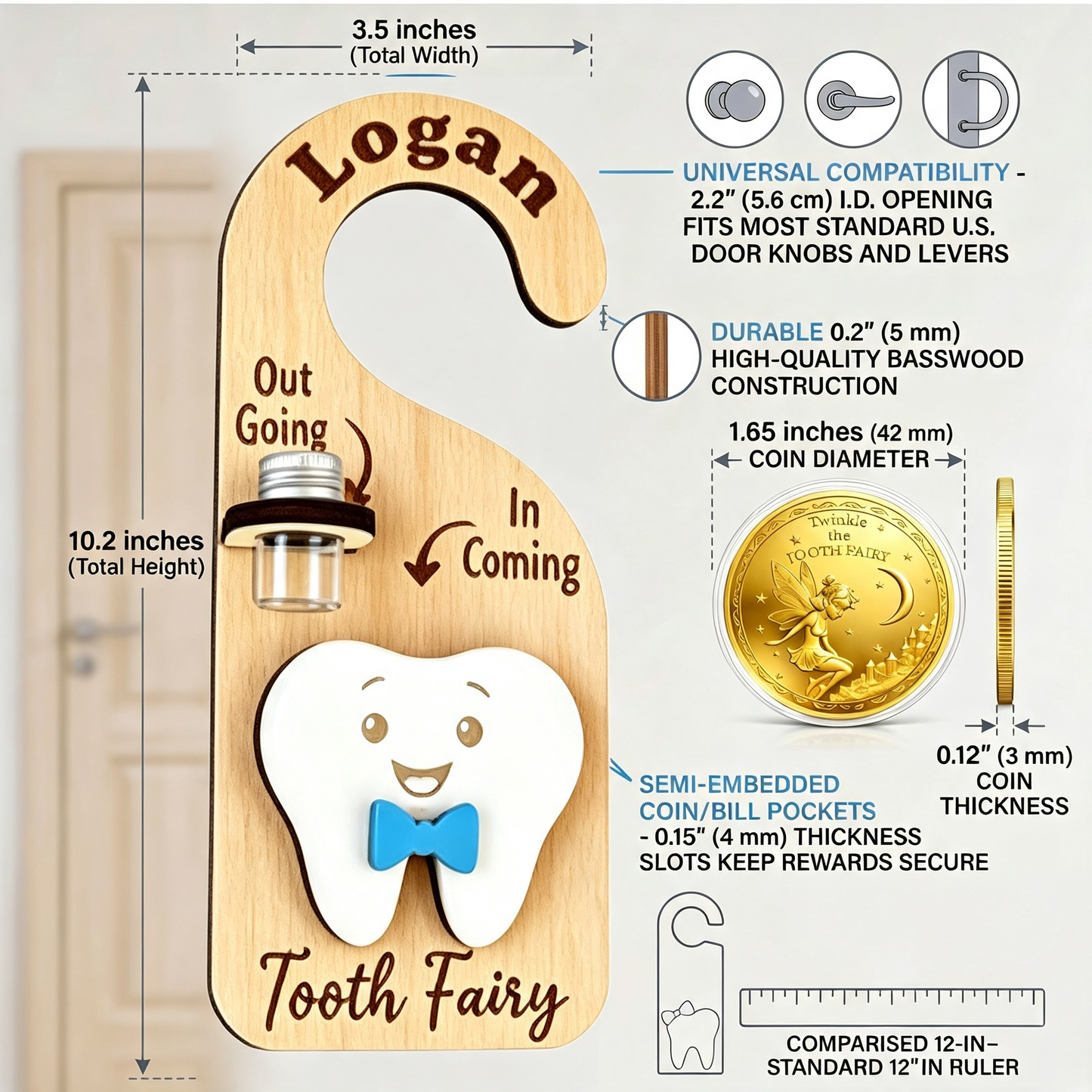 Cute Wooden "Tooth Fairy" Door Hanger - With Coin Storage Slot