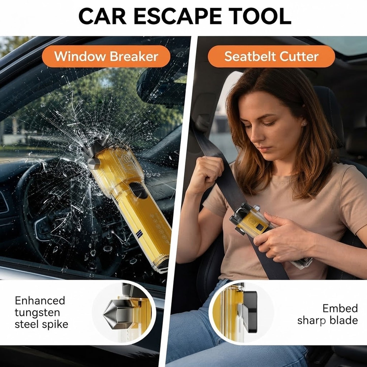 Rechargeable Safety Tool with Seatbelt Cutter & Window Breaker