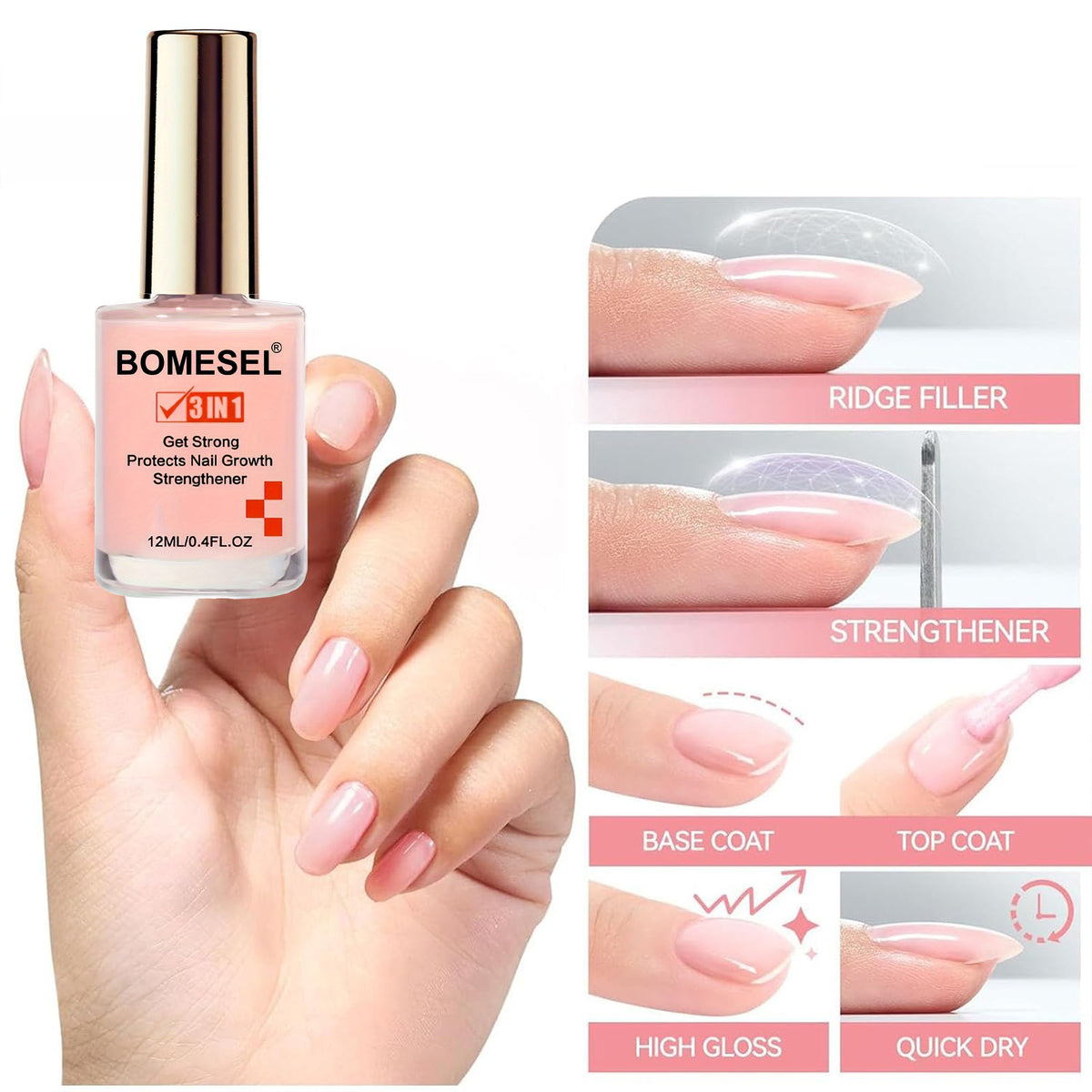 3 in 1 Nail Strengthener Nail Care Polish for Weak Brittle Nails