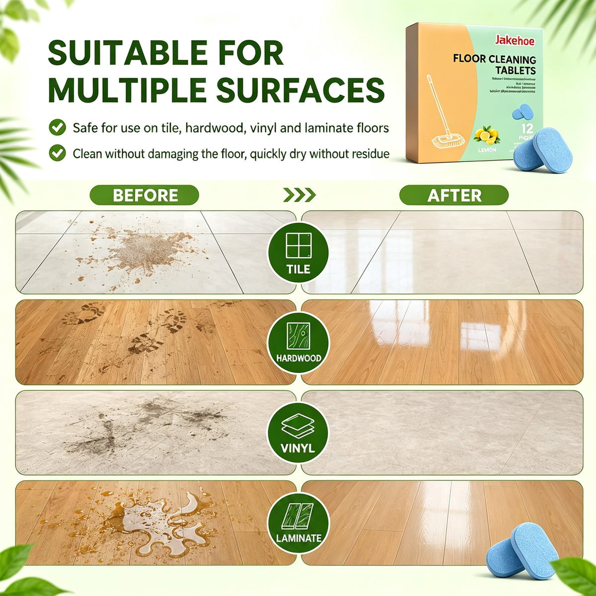 12 Counts Floor Cleaning Tablets for Wood/Tile/Vinyl/Marble, Pet Friendly
