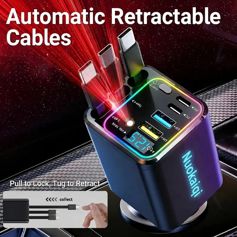 7 In 1 Retractable Car Charger,102W Star Lights Fast Charging Car Charger