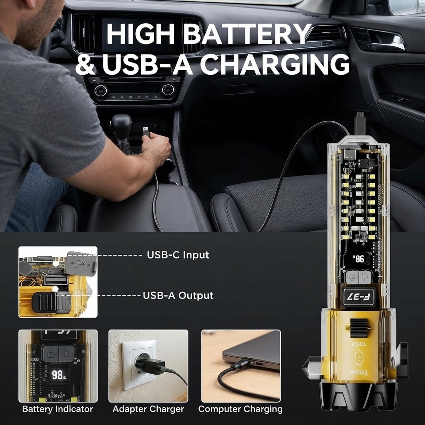 Rechargeable Safety Tool with Seatbelt Cutter & Window Breaker