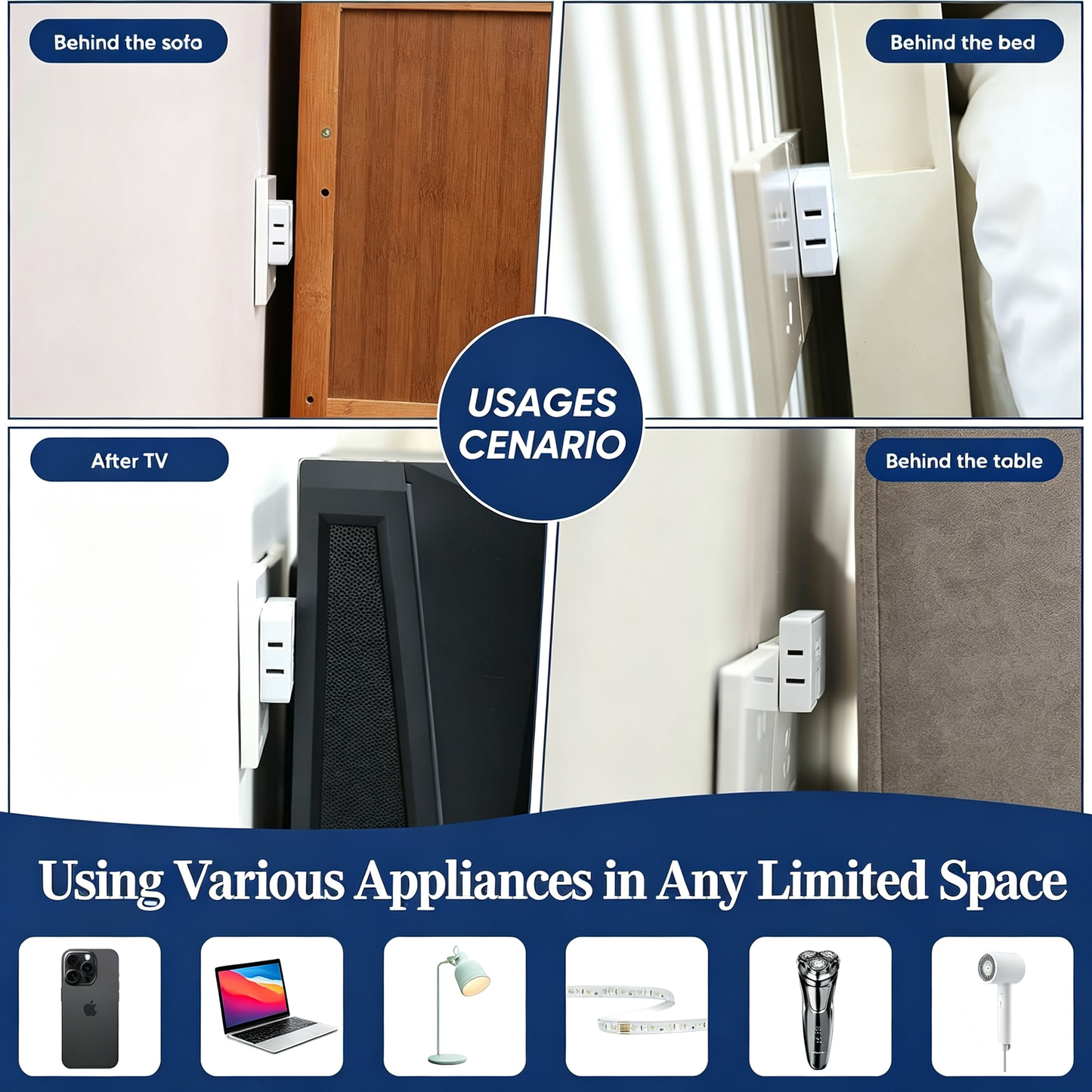 3 Way Flat Wall Outlet Extender AC Adapter
