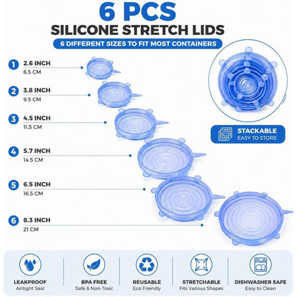 6 PCS Reusable Silicone Stretch Lids Set, Food Storage Covers for Bowls, Pots and Fruits
