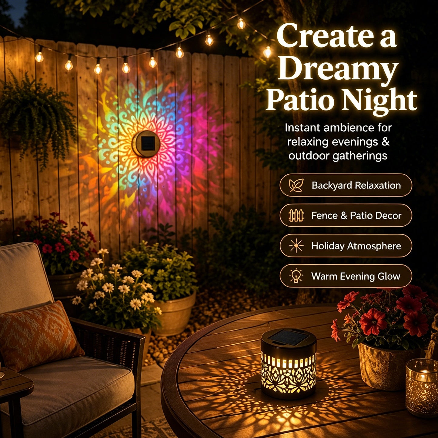 Solar Mandala Wall Light Outdoor Garden Fence Projector Lamp