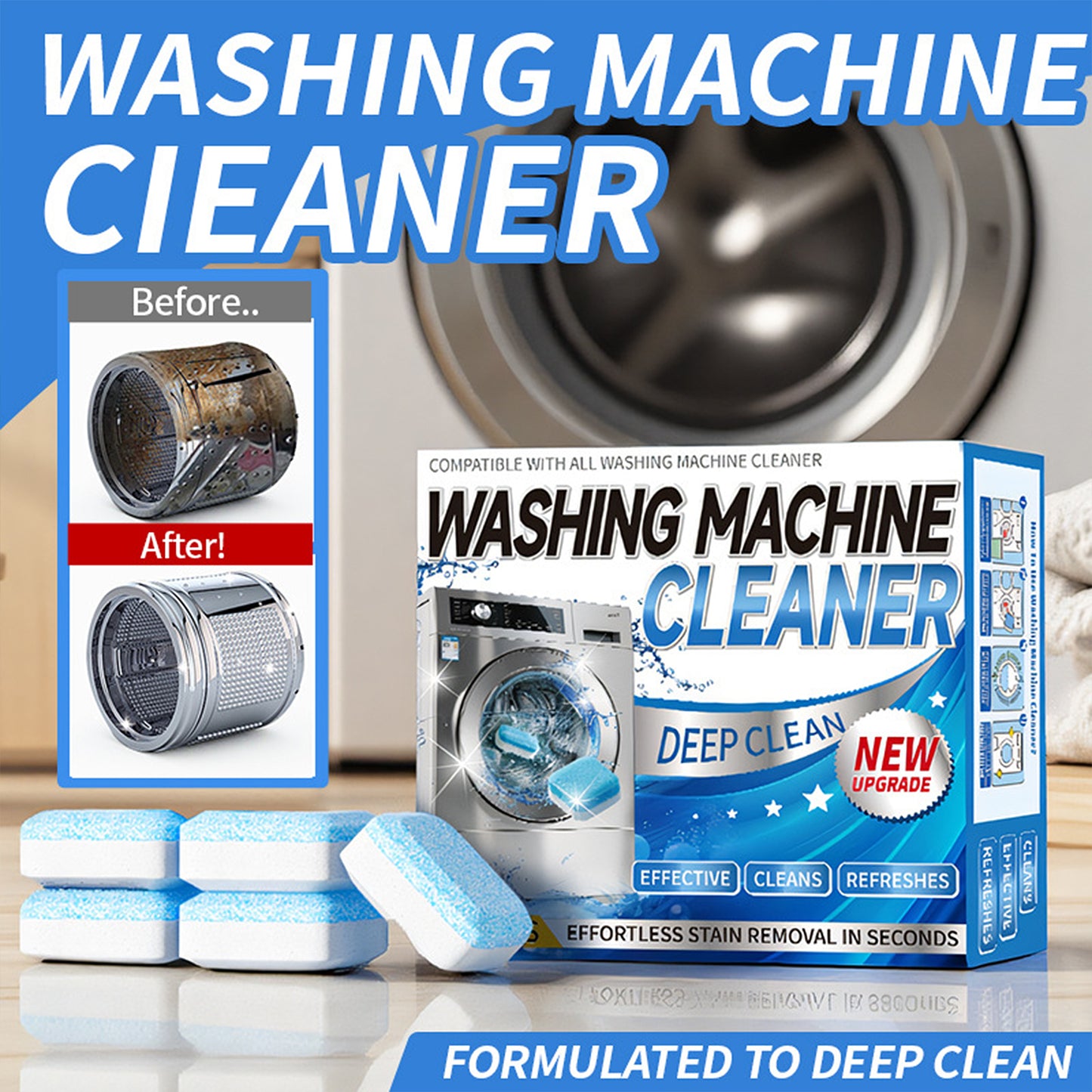 24 Tablets Washing Machine Cleaner Tablets for Front Load, Top Load & HE Washers, Remove Limescale Odor Grime