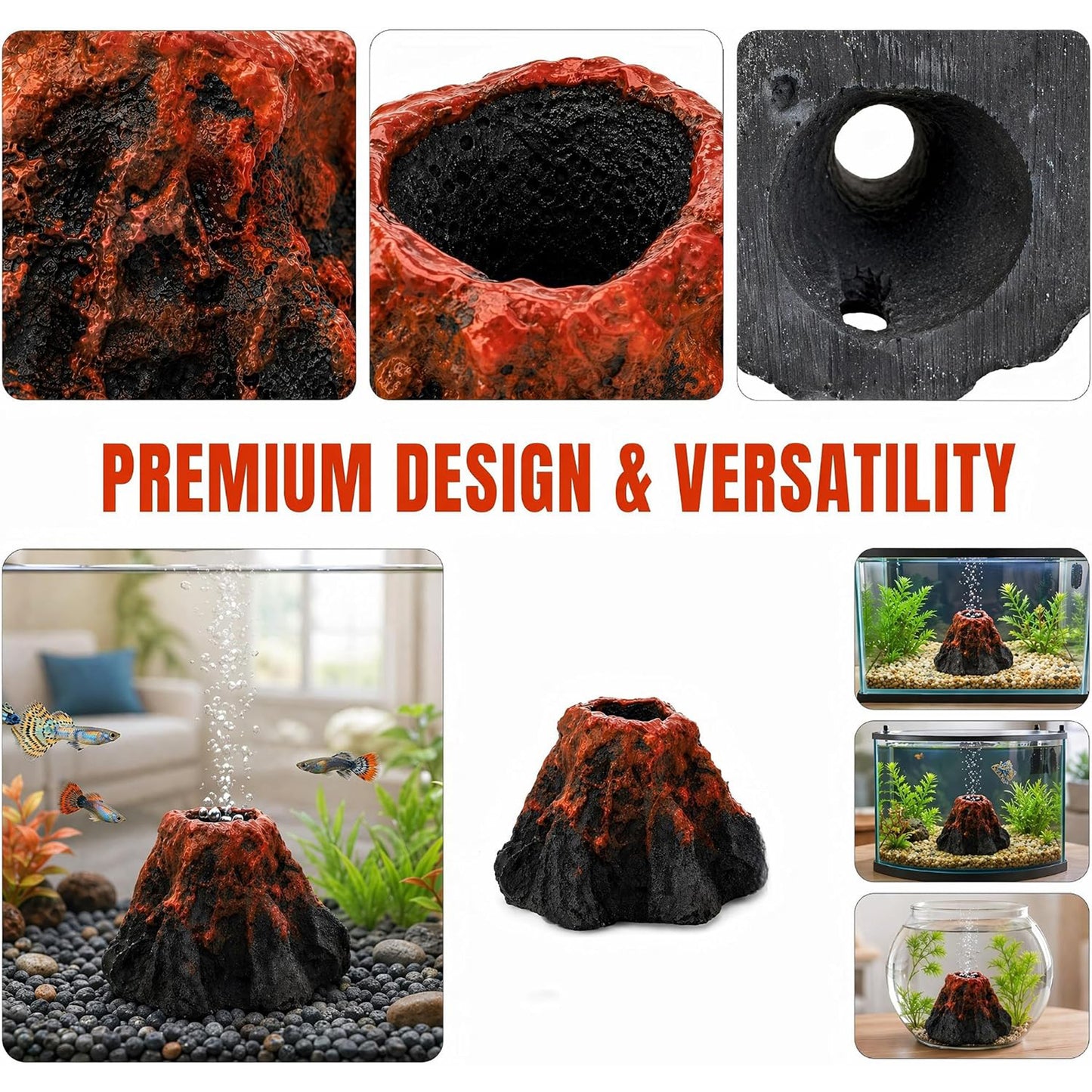 Aquarium Volcano Ornament with Air Stone Bubble Maker for Fish Tank & Small Aquariums