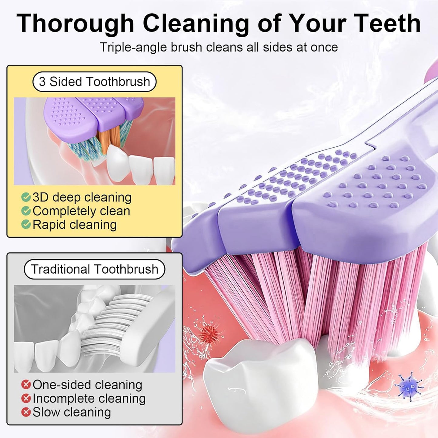 3-Sided Extra Soft Triple-Sided Brush for Deep Cleaning
