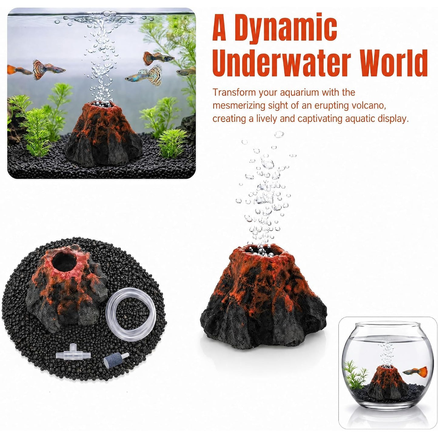 Aquarium Volcano Ornament with Air Stone Bubble Maker for Fish Tank & Small Aquariums