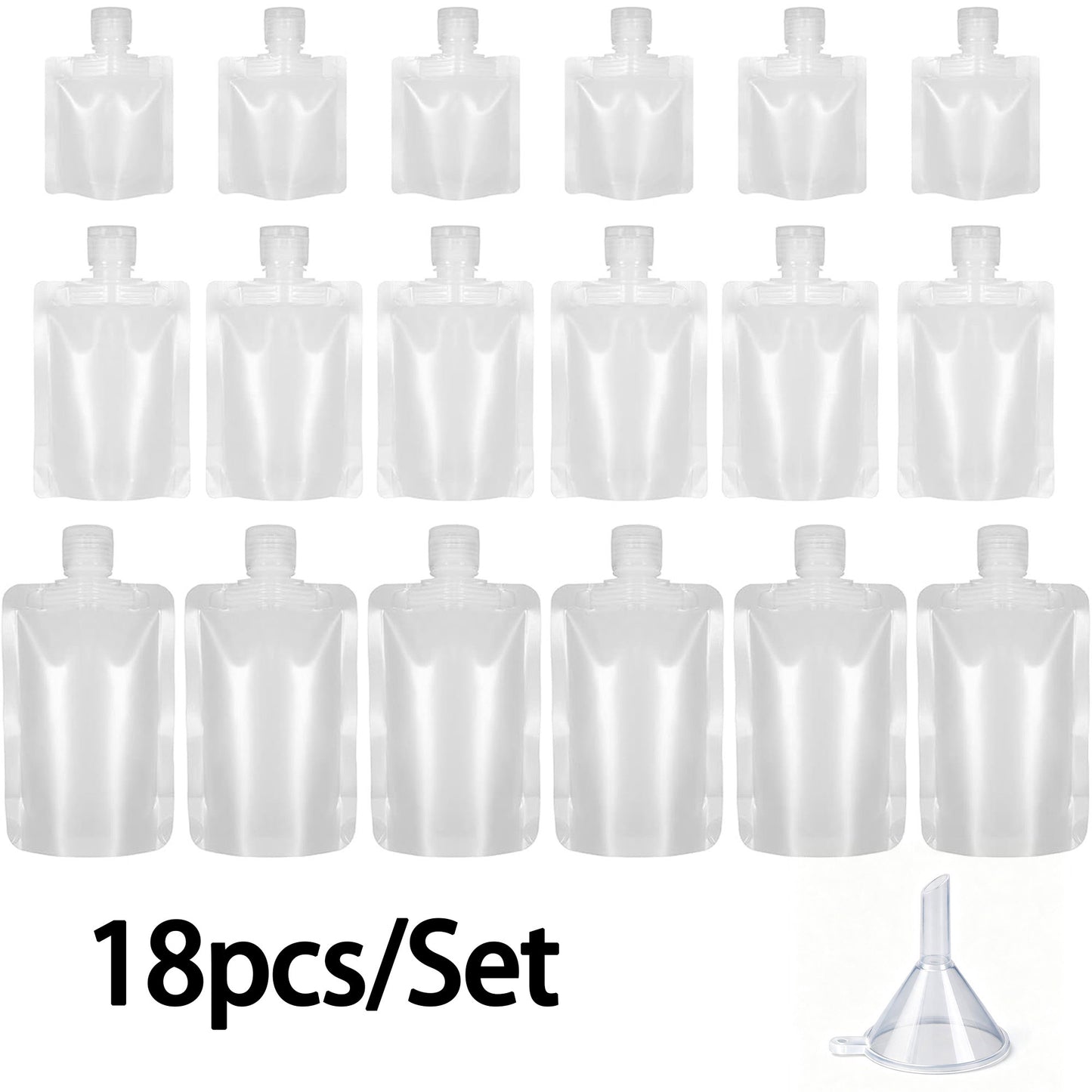 18 Pcs Refillable, Squeezable Dispensing Pouch – Funnel Included – TSA Compliant