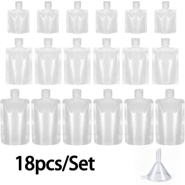 18 Pcs Refillable, Squeezable Dispensing Pouch – Funnel Included – TSA Compliant