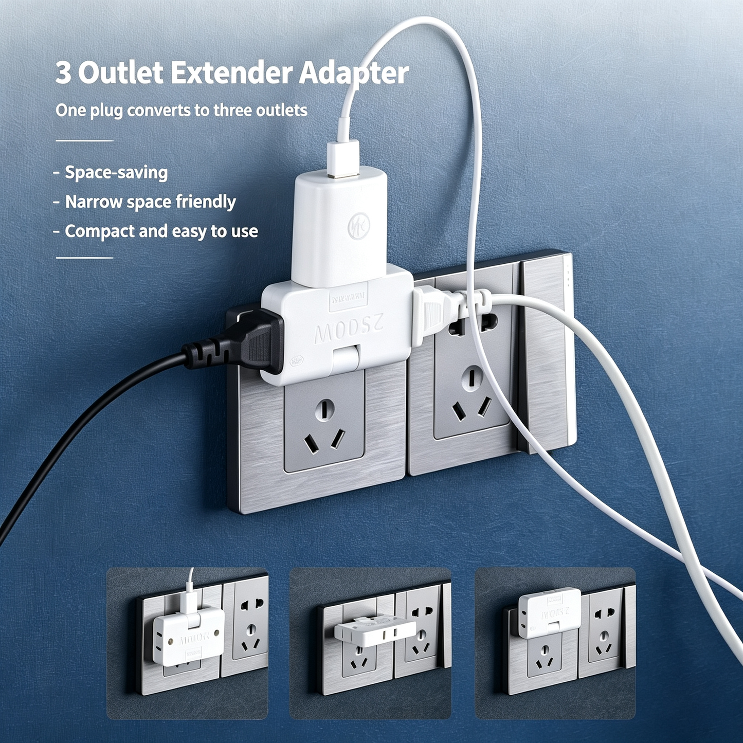 3 Way Flat Wall Outlet Extender AC Adapter